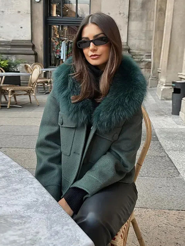 Short Jacket With Eco-friendly Fox Fur Collar Dark Green Oversized Spring Chic Outerwear For Women 2026