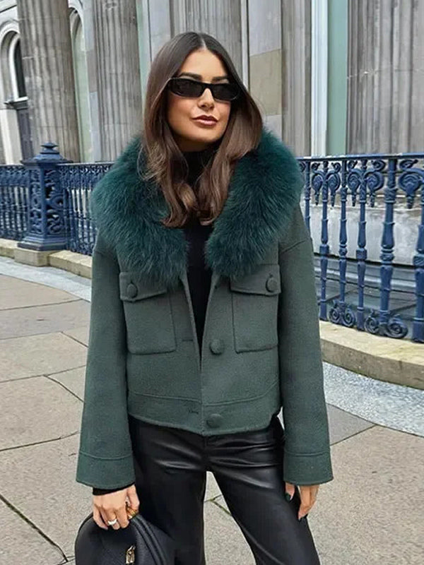 Short Jacket With Eco-friendly Fox Fur Collar Dark Green Oversized Spring Chic Outerwear For Women 2026