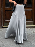 Gray Satin Skirt with Slit High Waisted Solid Color Summer A-line Long Skirt For Women 2026
