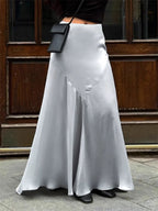 Gray Satin Skirt with Slit High Waisted Solid Color Summer A-line Long Skirt For Women 2026