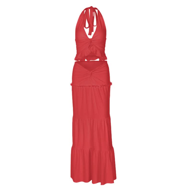 Halter v neck ruffle ruched maxi dress skirt set  | Festival Outfits Women