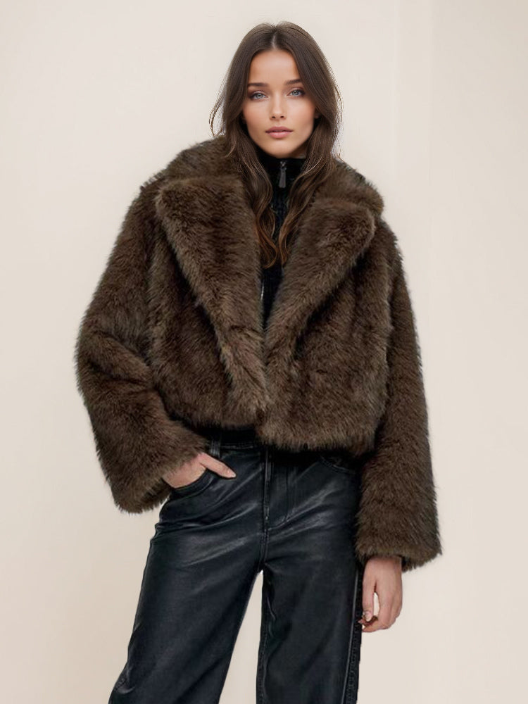 Faux Fur Jacket In Brown Notched Lapel Winter Outerwear For Women 2026