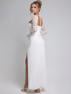 White Maxi Dress With High-slit Lace Long Sleeve Sexy Bodycon Long Dress For Women 2026