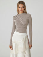 Basic T-Shirt For Women Long Sleeves Pleated Half Turtleneck Slim Fit Spring Tops 2026