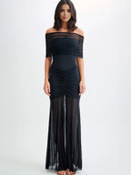 Pleated Maxi Dresses Off-Shoulder Sheer Semi-formal Party Long Dress For Women 2026