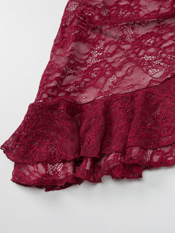Lace Bodycon Dress In Burgundy Sleeveless Ruffles Hem Sexy Mini Club Dress For Women 2026