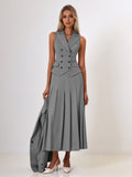 Office Two Piece Co-ord Set For Women Double-breasted Lapel Vest And Pleated Long Skirt Summer Outfit 2026