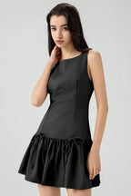 Boat Neck Sleeveless Dropped Waist Bow Detail Pleated Mini Dress
