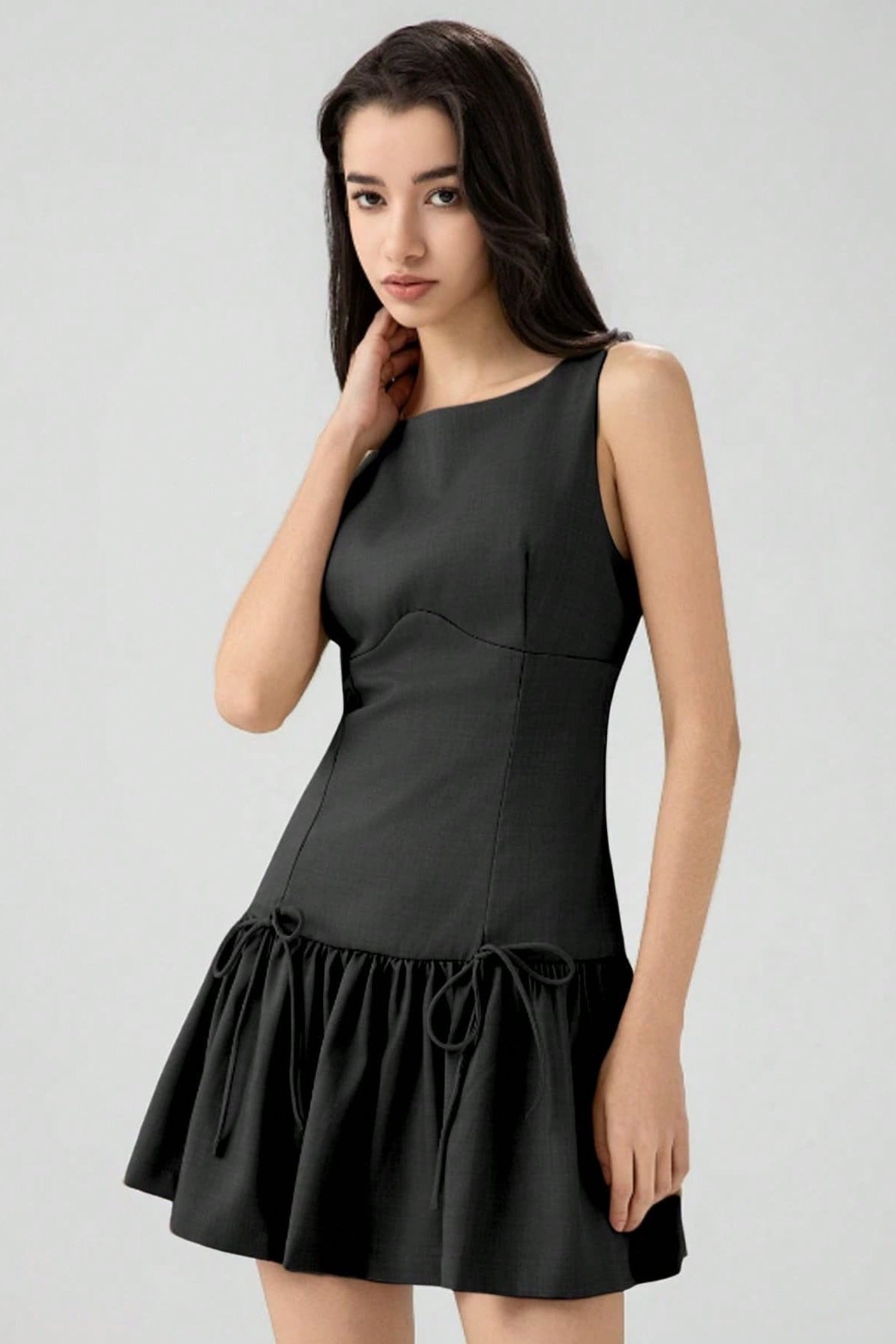 Boat Neck Sleeveless Dropped Waist Bow Detail Pleated Mini Dress