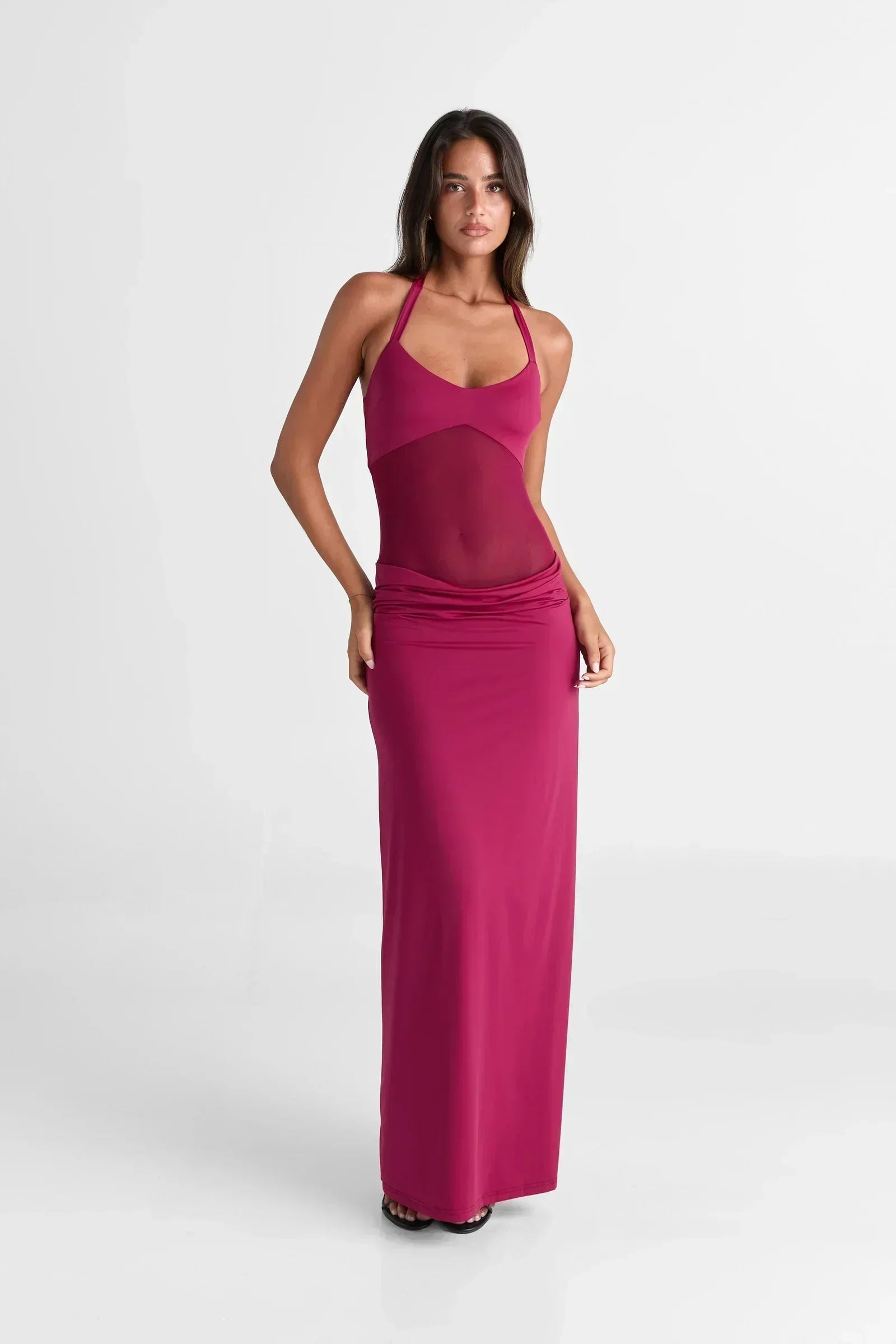 Halter Deep V-Neck Sheer Mesh Waist Draped Maxi Dress