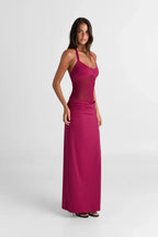 Halter Deep V-Neck Sheer Mesh Waist Draped Maxi Dress