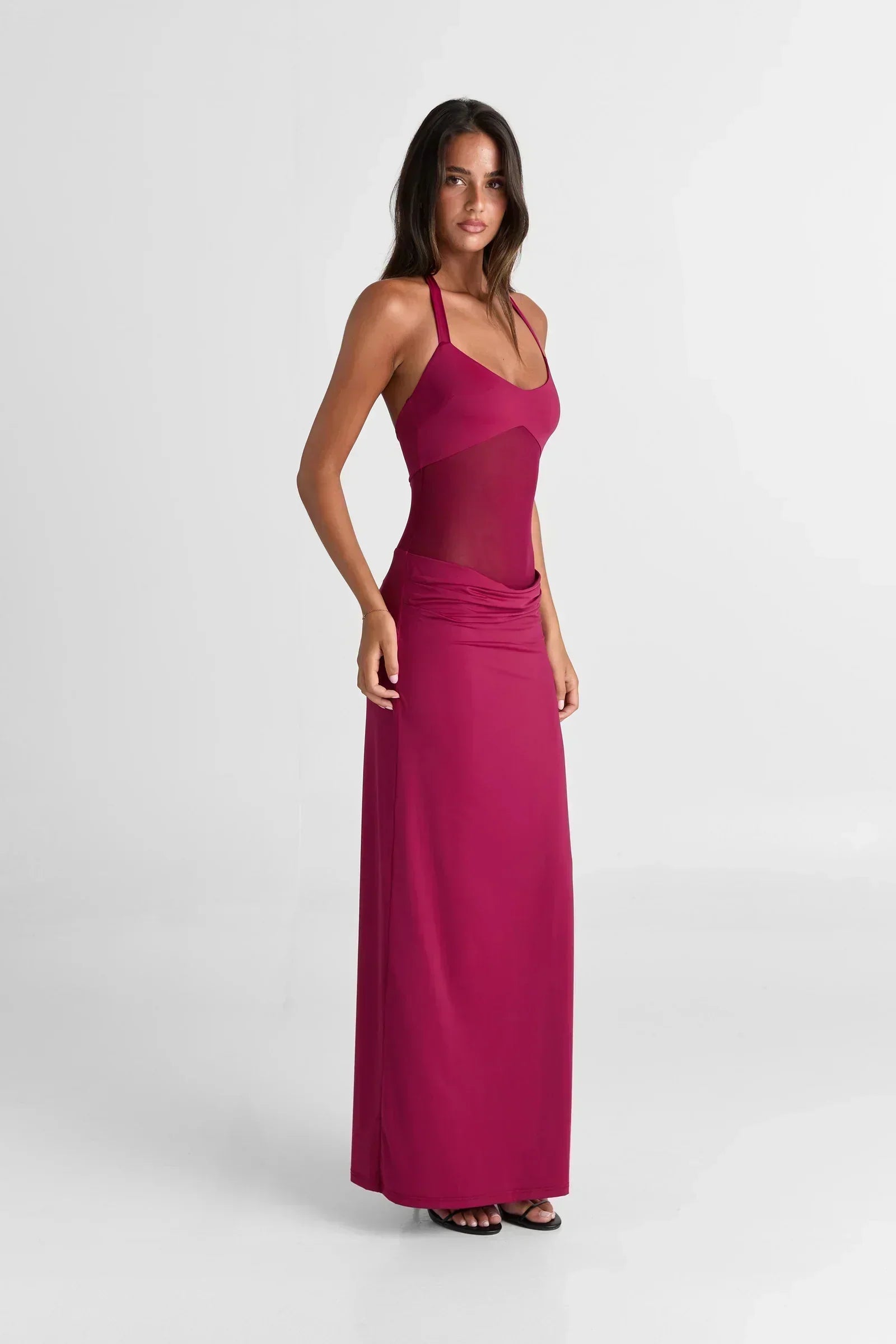 Halter Deep V-Neck Sheer Mesh Waist Draped Maxi Dress