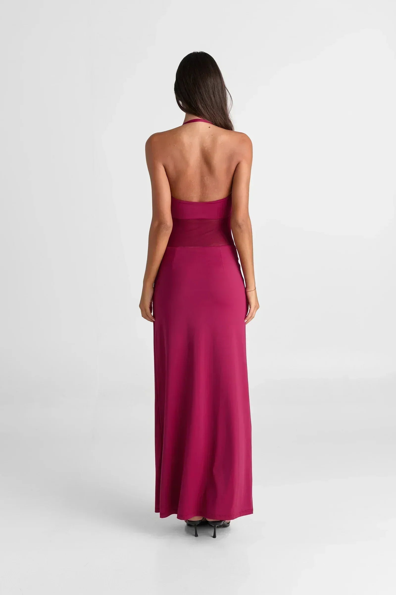 Halter Deep V-Neck Sheer Mesh Waist Draped Maxi Dress