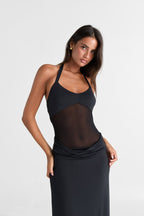 Halter Deep V-Neck Sheer Mesh Waist Draped Maxi Dress