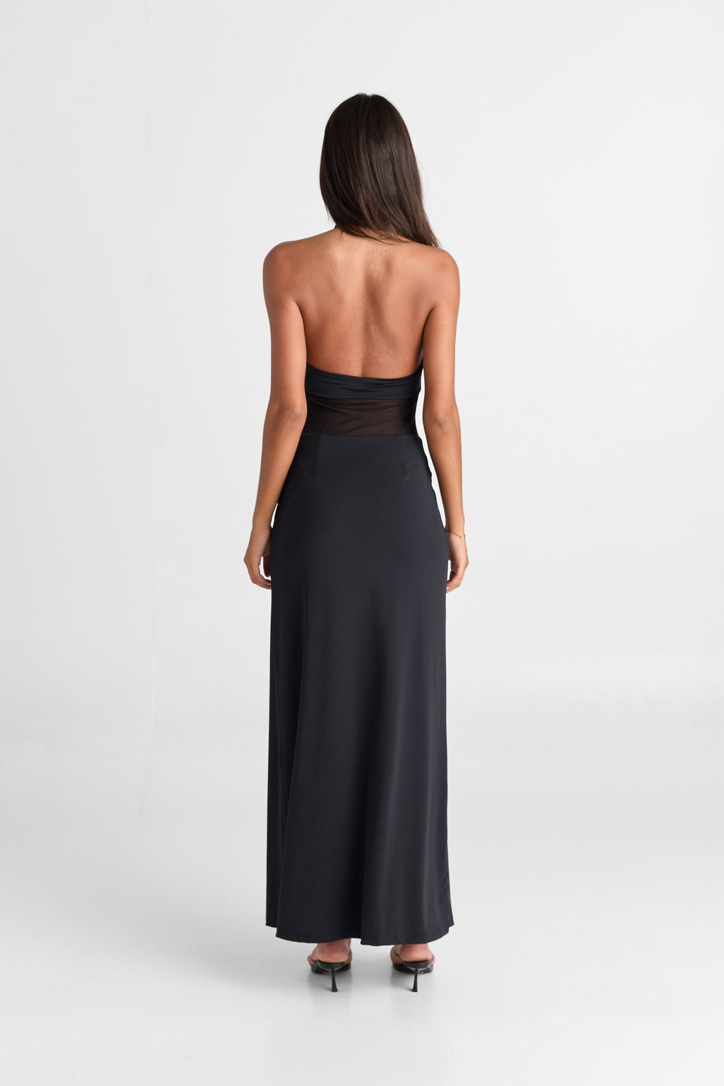 Halter Deep V-Neck Sheer Mesh Waist Draped Maxi Dress