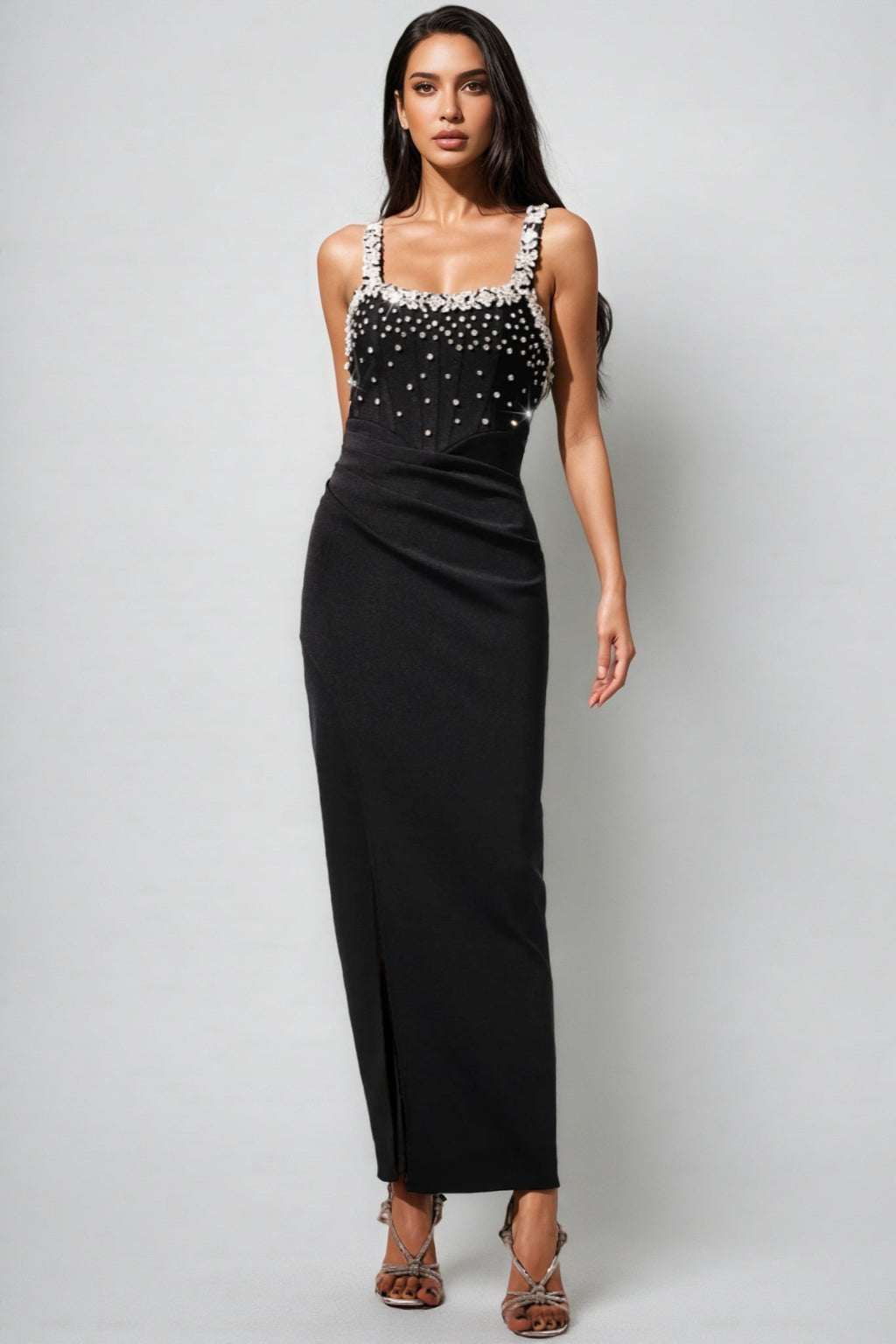 Sarly Sleeveless Sequin Diamante Slit Maxi Dress