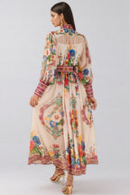 Nichob Stand Collar Lantern Sleeve Midi Dress