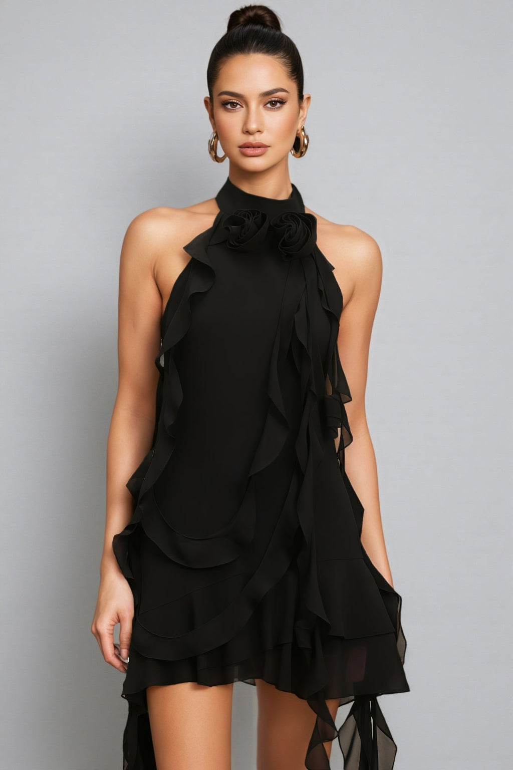 Sabrina Halter Sleeveless Flounce Flowers Mini Dress