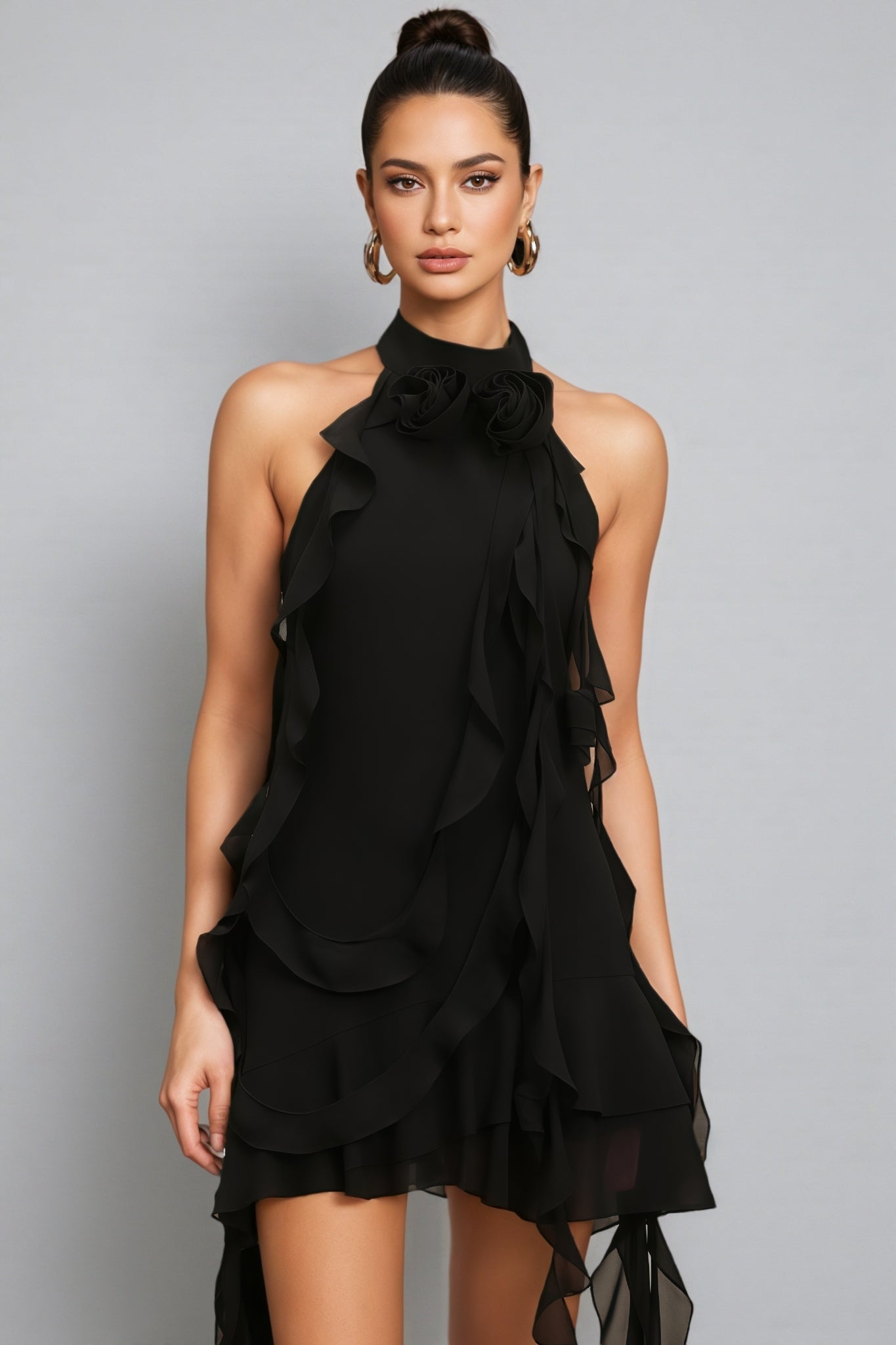 Sabrina Halter Sleeveless Flounce Flowers Mini Dress