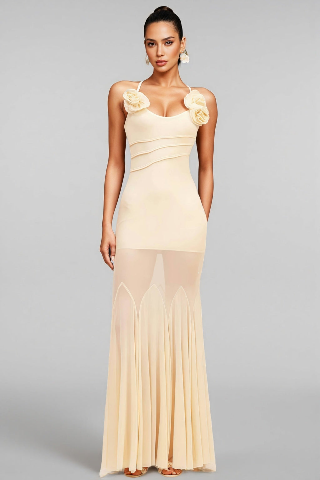 Orialk 3D Flower Halter Neck Mesh Maxi Dress