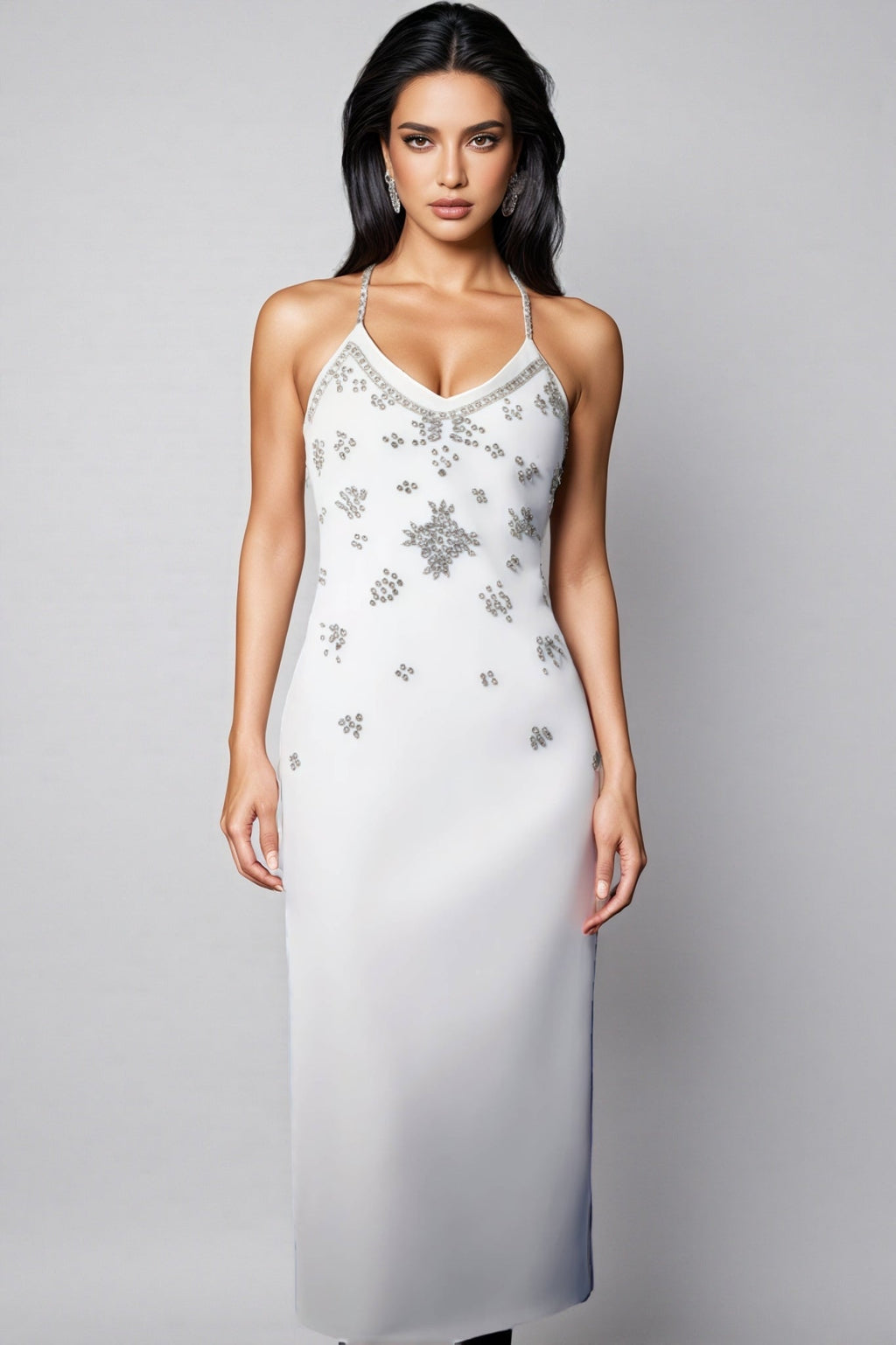 Nymert Deep-V Sleeveless Diamond Backless Midi Dress