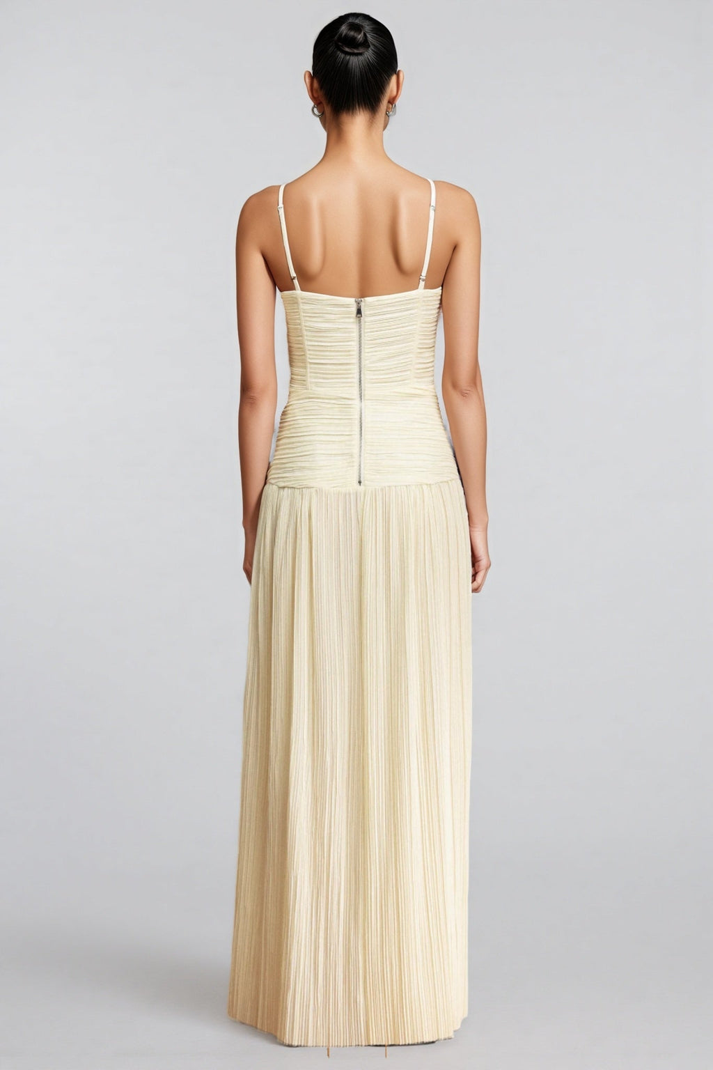 Fynnlk Halter Fishbone Folds Slit Maxi Dress
