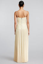 Fynnlk Halter Fishbone Folds Slit Maxi Dress