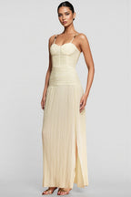 Fynnlk Halter Fishbone Folds Slit Maxi Dress