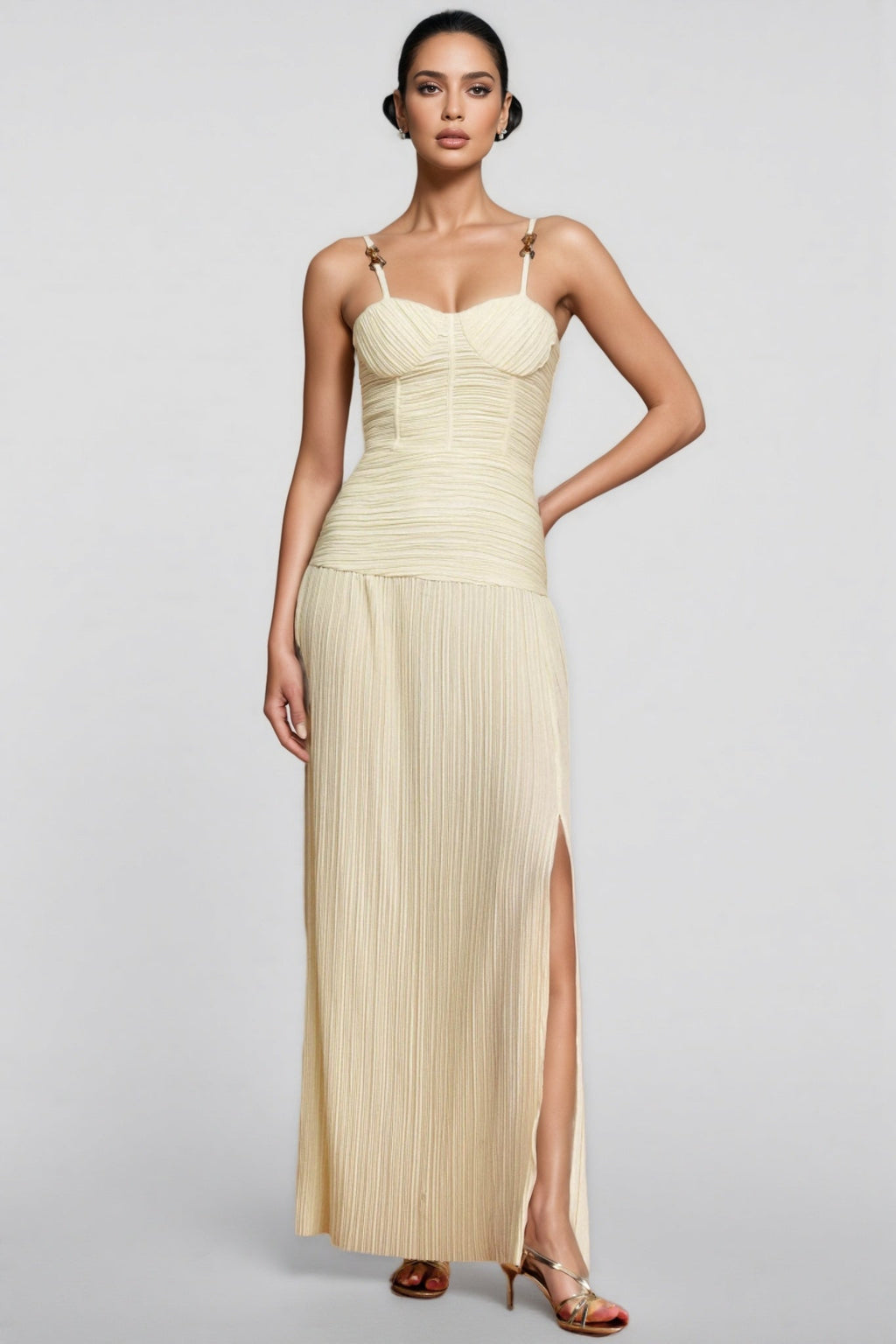 Fynnlk Halter Fishbone Folds Slit Maxi Dress