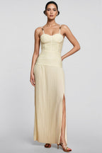 Fynnlk Halter Fishbone Folds Slit Maxi Dress