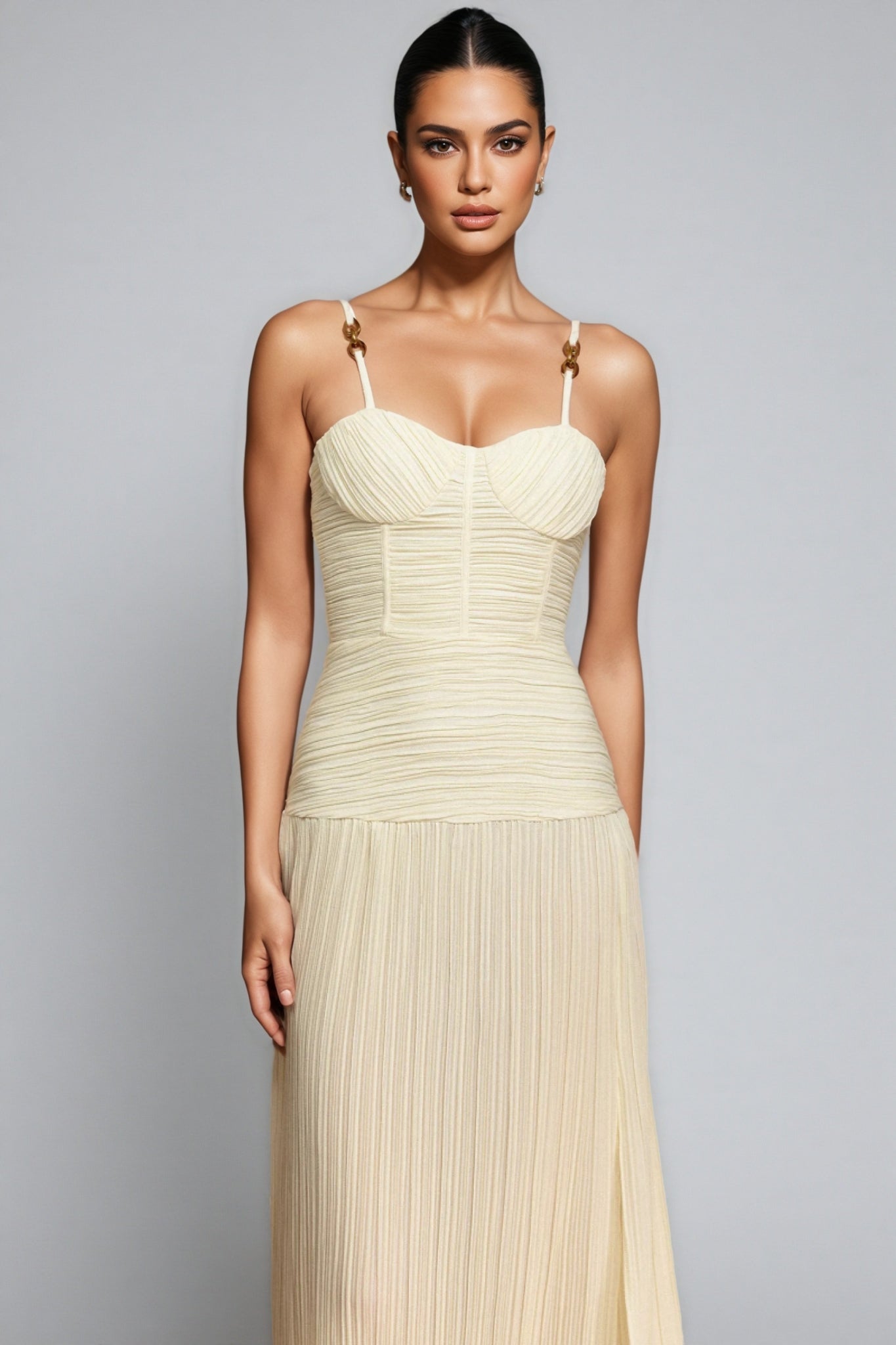Fynnlk Halter Fishbone Folds Slit Maxi Dress