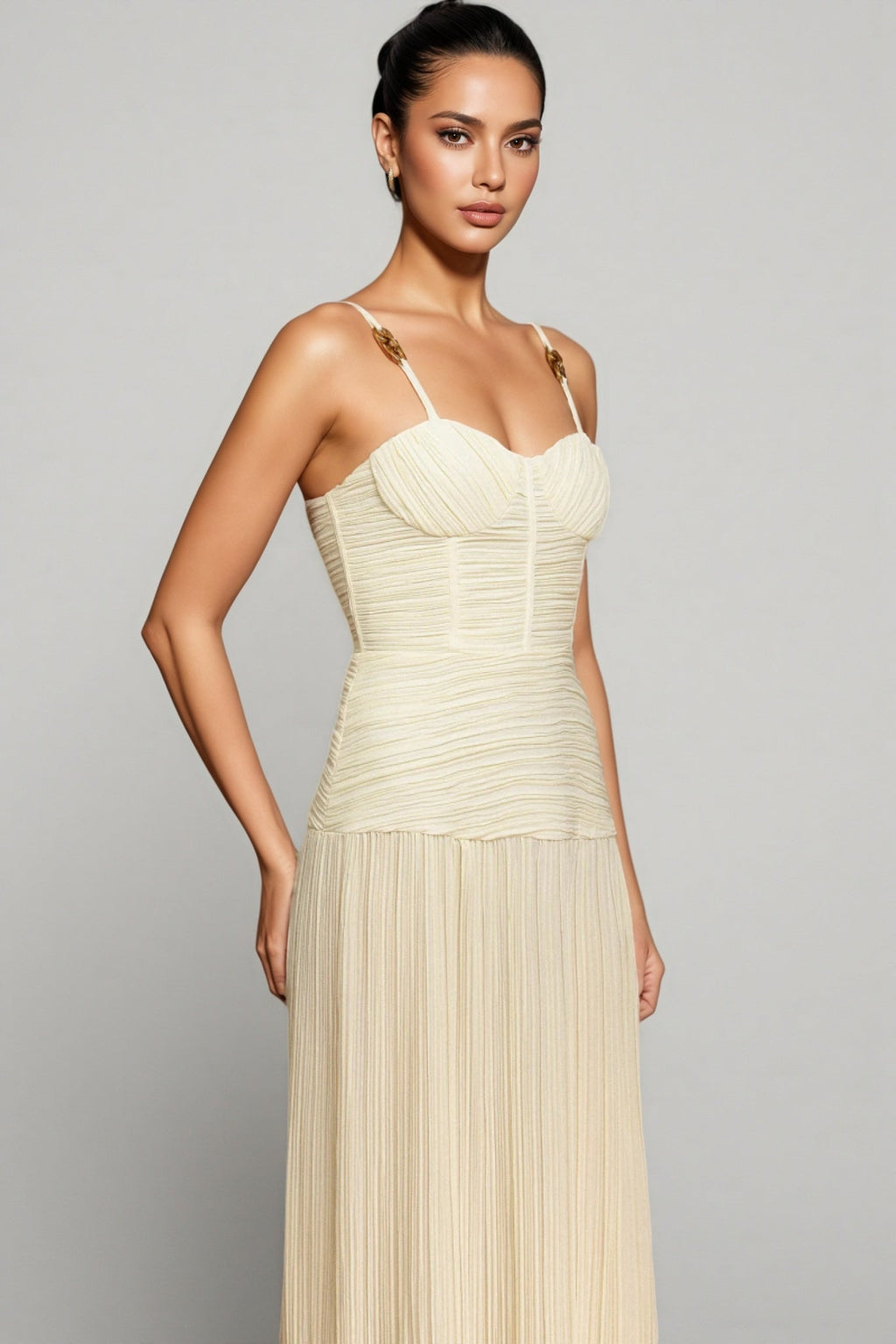 Fynnlk Halter Fishbone Folds Slit Maxi Dress