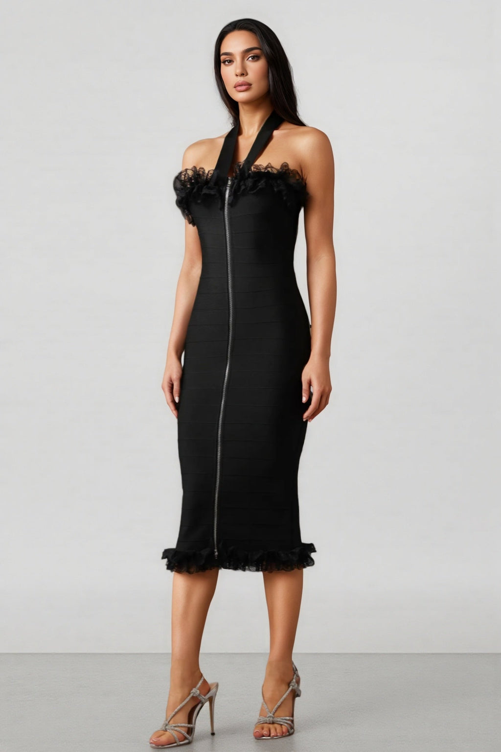 Sierra Halter Sleeveless Lace Bandage Midi Dress