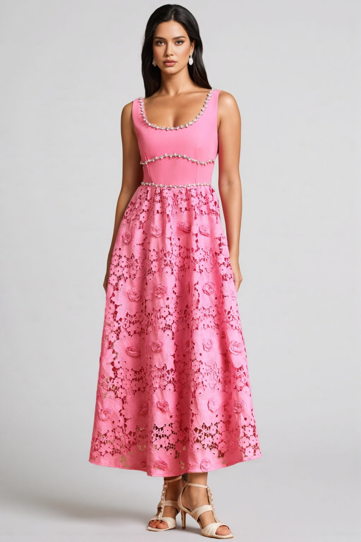 Okama Square Collar Diamond Lace Maxi Dress