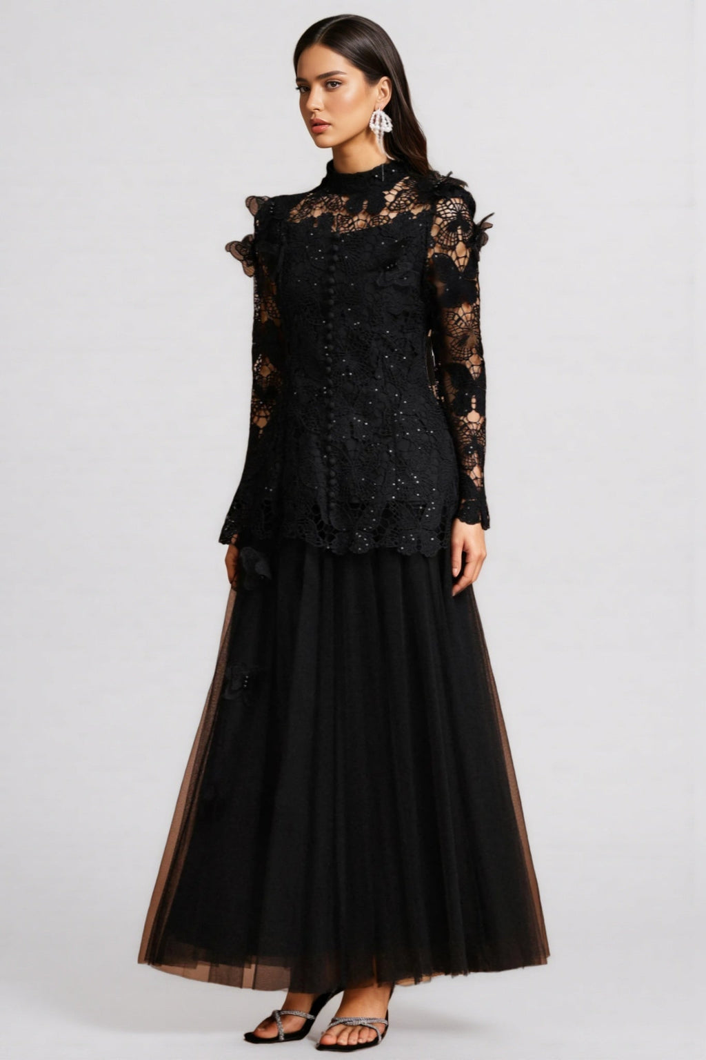 Gaki Long Sleeve Folds Lace Butterfly Maxi Dress Set