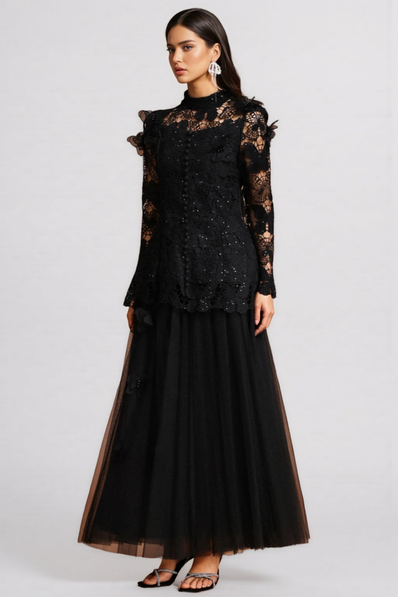 Gaki Long Sleeve Folds Lace Butterfly Maxi Dress Set