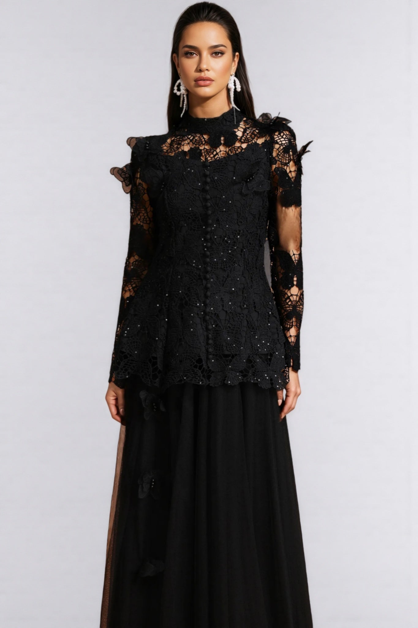 Gaki Long Sleeve Folds Lace Butterfly Maxi Dress Set