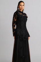Gaki Long Sleeve Folds Lace Butterfly Maxi Dress Set