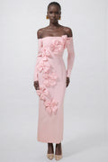 Verna Pink 3D Flower Off-Shoulder Midi Dress
