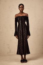 _meline floral lace flared-cuff midi dress in Black