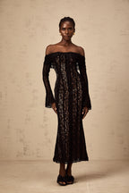 _meline floral lace flared-cuff midi dress in Black