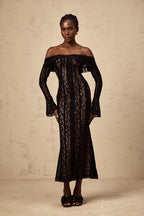 _meline floral lace flared-cuff midi dress in Black