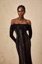 _meline floral lace flared-cuff midi dress in Black