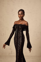 _meline floral lace flared-cuff midi dress in Black
