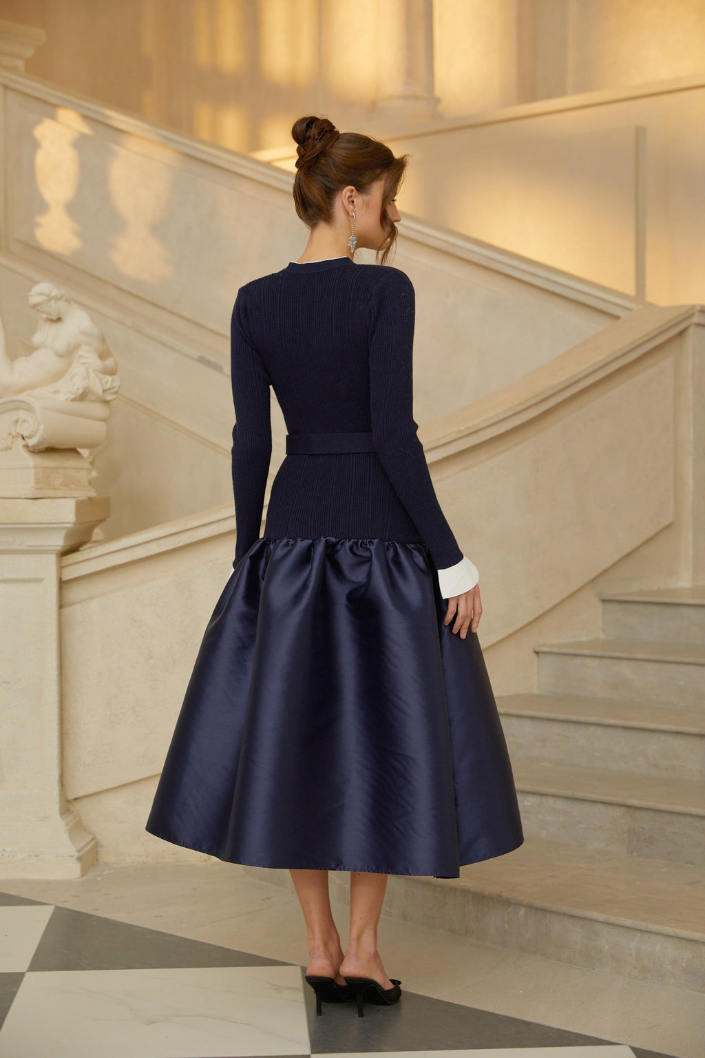 Fern Navy Blue Satin Panel Knit Midi Dress