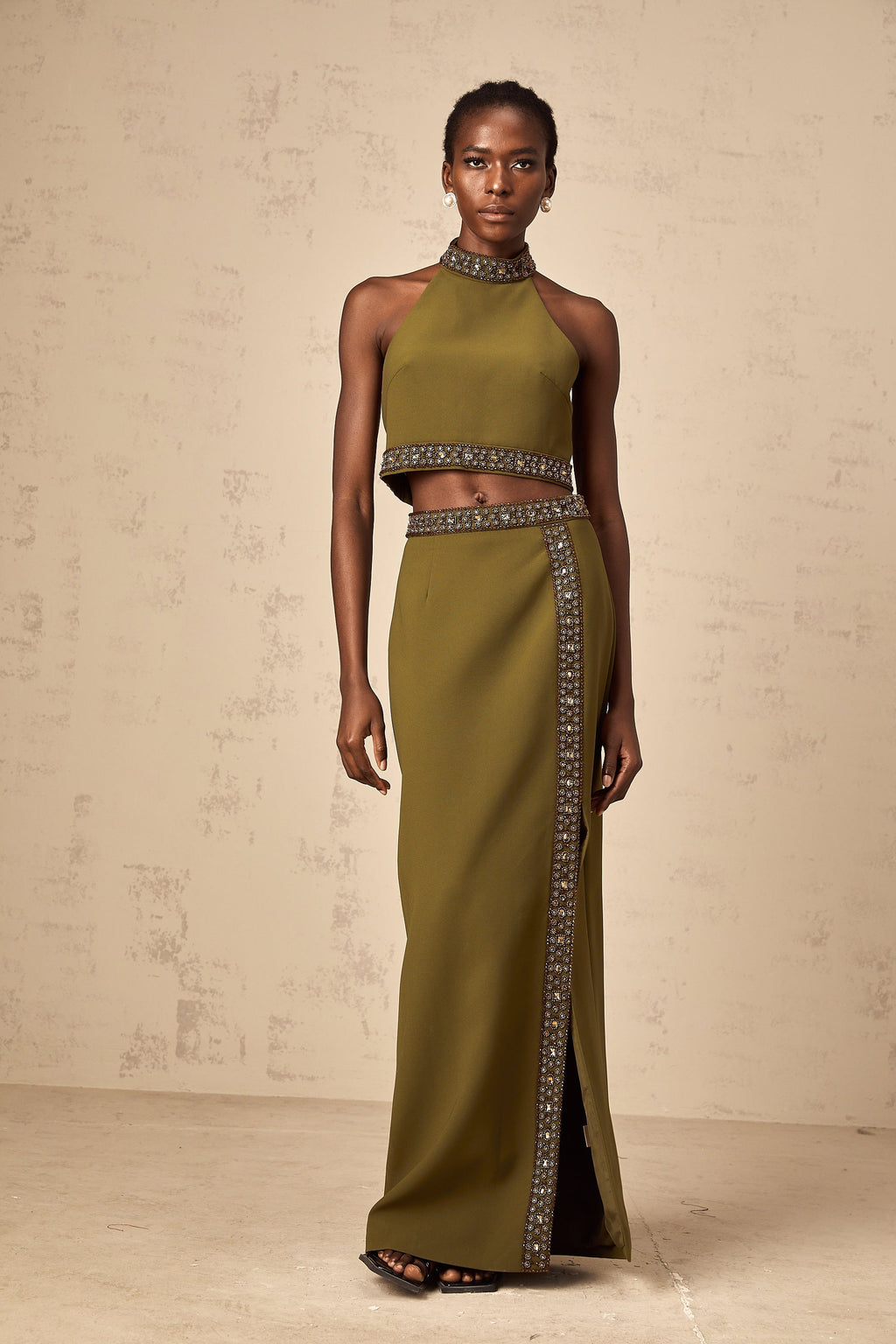 Daisy green beaded-trim top & skirt matching set