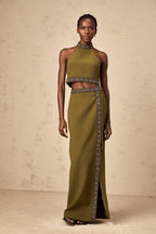 Daisy green beaded-trim top & skirt matching set
