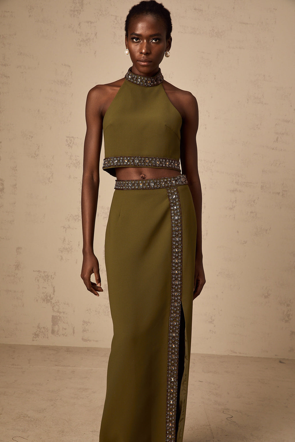 Daisy green beaded-trim top & skirt matching set