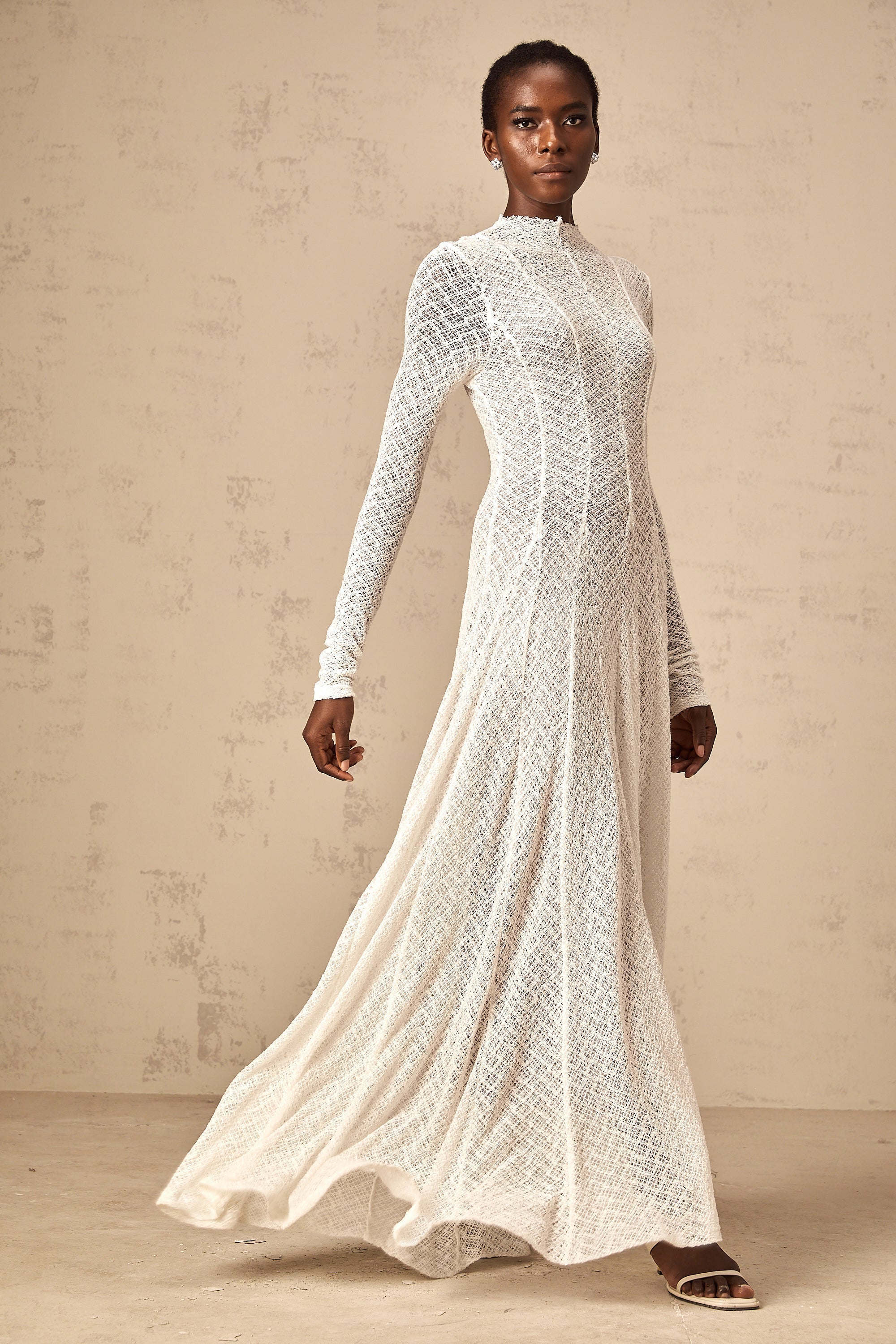 Athena wavy-pattern lace maxi dress in White