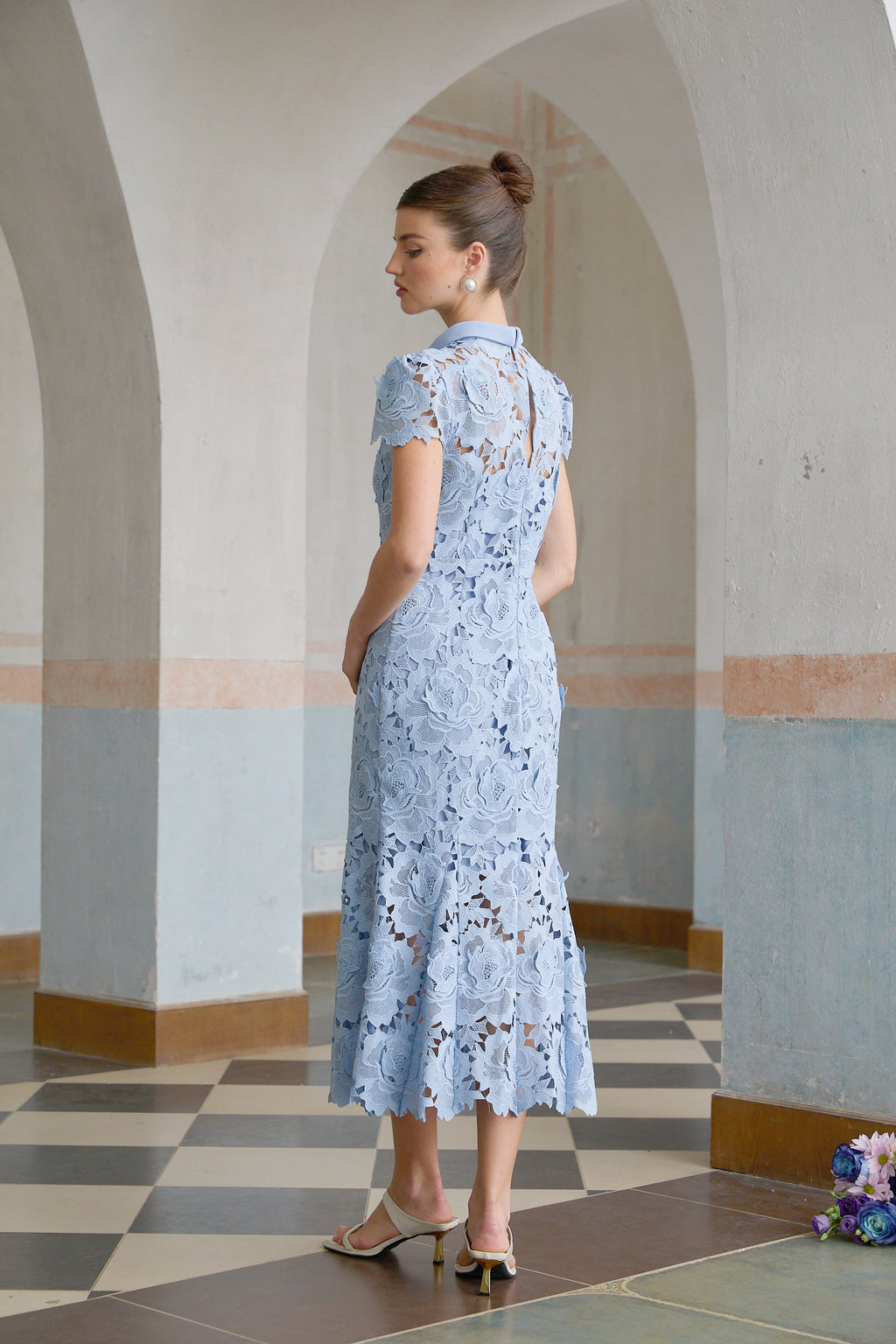 Aurore Blue Floral Appliqué Lace Midi Dress